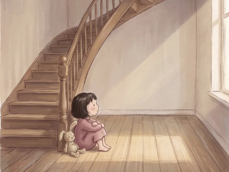 A small girl sits alone at the foot of a staircase in a large quiet room, her toy rabbit beside her.