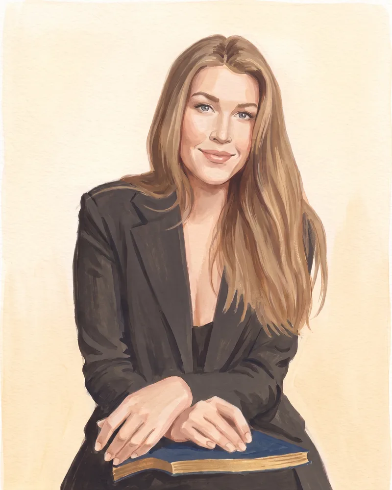 A painted portrait of Daria Kunchenko, seated with a storybook resting on her lap.