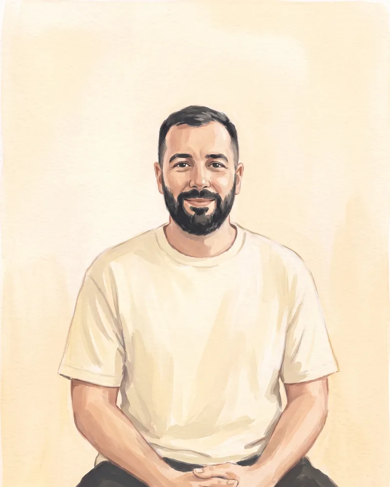 A painted portrait of Dmytro Kompanets, seated with his hands resting in his lap.
